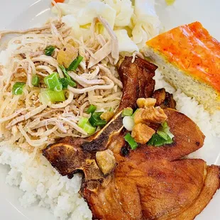 Broken rice with pork chop, julienne pork, steamed egg meatloaf ( com tam bi cha suong nuong) - yum!