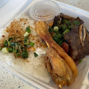 Bánh Hỏi (woven rice vermicelli) with Chinese Sausage, Grilled Short Ribs, and a Crispy Chicken Leg