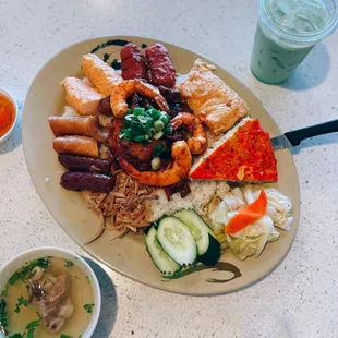 Broken rice w/ 10 items (com tam 10 mon) / $16.50 + Pandan soymilk drink (sua dau nanh la dua) / $2