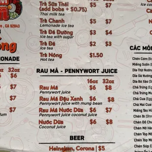 TRÀ - TEA, RAU MÁ - PENNYWORT JUICE and BEER Menu 1/26/25