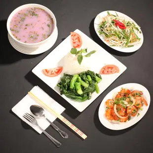a variety of food items on a table