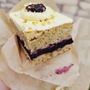 Pistachio sheet cake with blueberry preserves