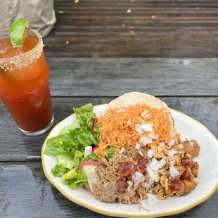 Michelada, Berkshire pork carnitas , Achiote chicken, Red rice, and salad