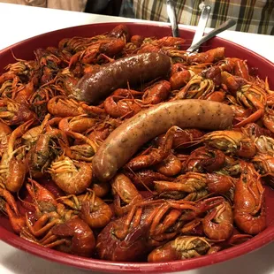 Yummy bugs with pork smoked sausage on top and alligator sausage on the bottom.