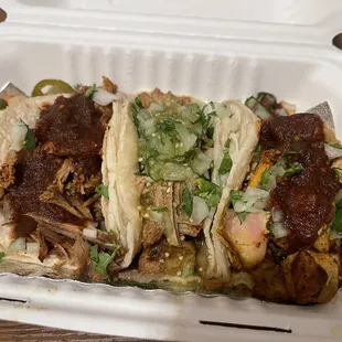 Beef taco, carnitas taco, chicken taco