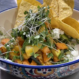 Roasted Veggie Side with Quinoa, Microgreens and Queso Fresco.