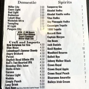 Drink menu