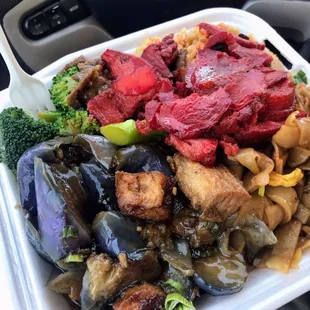 Combo A ; Chow Fun, Beef and Brocoli, Eggplant and Tofu, Fried Rice, and BBQ Pork!
