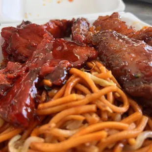 Sweet and spicy wings, bbq pork, chow mein