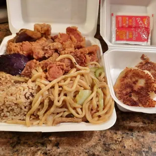 Eggplant tofu, spicy salt chicken,  fried rice, chicken chowmein and potstickers