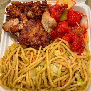 Sweet &amp; Sour Pork, chow mein, bbq chicken