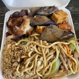 Chow mein, fried rice, eggplant and tofu, bbq chicken