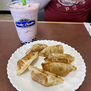 Red bean boba smoothie and pork dumplings.