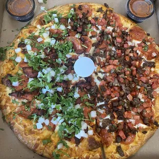 2/2/25 (sun): One of the best pizza Ive yet had. Large Combo Asada + Al Pastor + Pepperoni. Dipping salsa is yums!