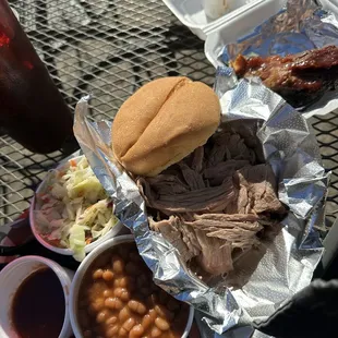 Brisket sandwich w Baked beans and Coleslaw (extra ribs on side)