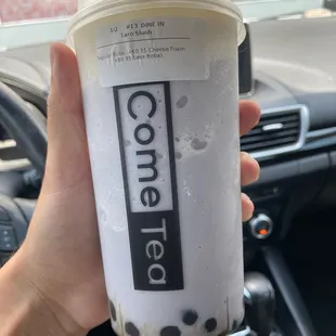 Taro slush with cheese foam and light boba