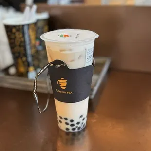 Milk tea with boba and konjac jelly