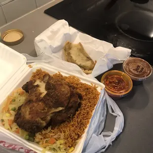 a meal in a styrofoam container