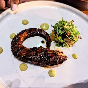 Grilled Octopus, Salsa Macha Negra, Guacachile, Fennel, Orange