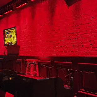 a red brick wall and a piano