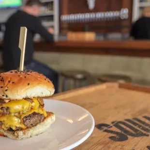 a cheeseburger on a plate