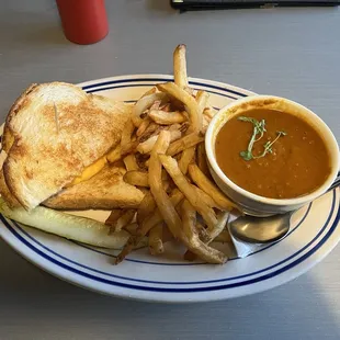 Grilled cheese and coconut curry soup