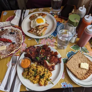 Waffles, pancake, tofu scramble