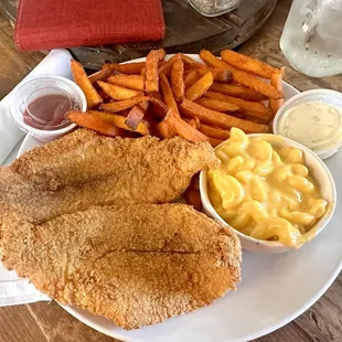 Fried catfish, sweet potato fries, Mac &amp; cheese