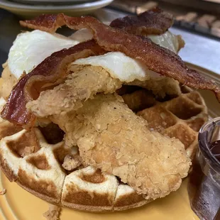 Chicken n waffle add bacon and eggs