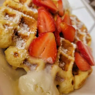 To-go waffle for The Hound. Just strawbs &amp; whip.