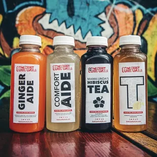 a variety of juices on a table