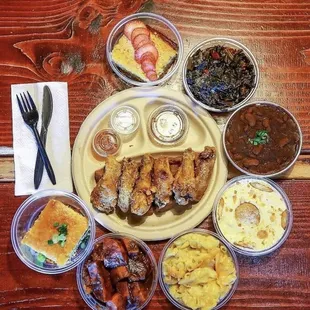 a variety of food items on a table