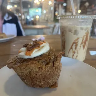 Iced caramel latte and carrot cake muffin