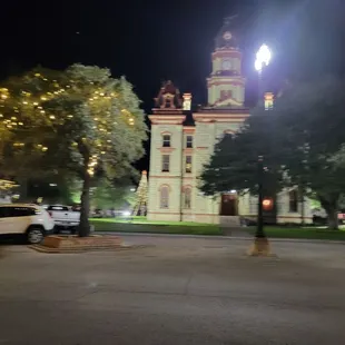 Historic Downtown Square, Lockhart, Texas taken from sidewalk in front of Commerce Cafe.