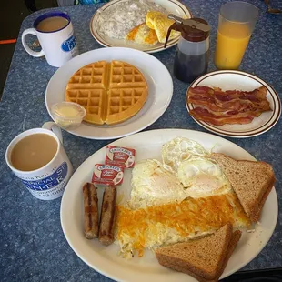 Sausage links &amp; eggs breakfast with sides of bacon &amp; waffle. Truly bad coffee.