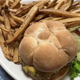 a hamburger and french fries