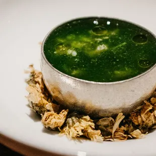 Dungeness crab &amp; chrysanthemum soup, celeriac &amp; Meyer malt