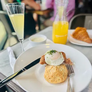 Entree: Crispy Fried Chicken and Biscuit with Orange Juice Mimosa Carafe