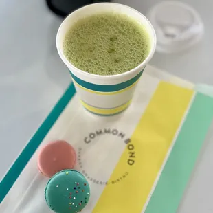 Strawberry and Birthday Cake macarons for my kiddo, and a Matcha Latte for moí.