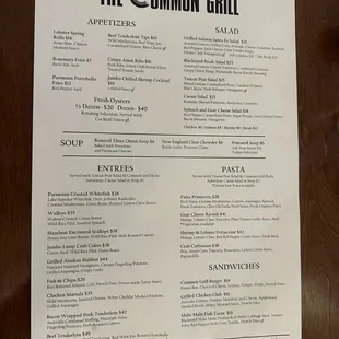 Dinner menu