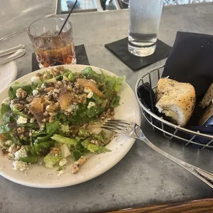 Pear salad, homemade rolls, mezcal old fashioned