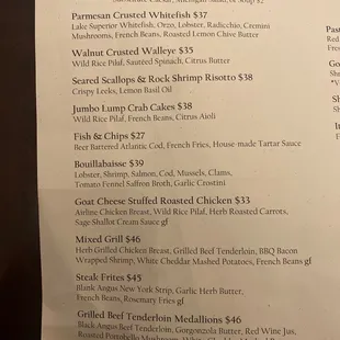 Entrees/main courses