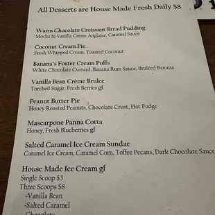 Dessert menu all house made