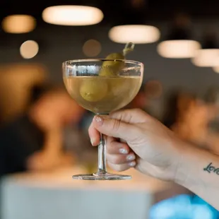 a hand holding a martini glass