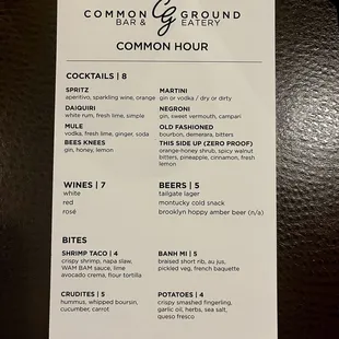 Happy hour menu