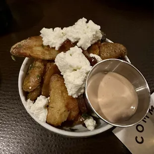 The $4 Happy Hour Crispy Smashed Fingerling Potatoes with queso fresco and CG Sauce. Super tasty and more than enough to share.