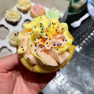 a hand holding a cupcake