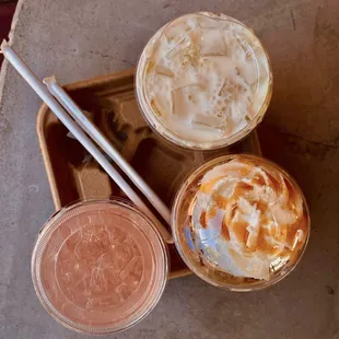 Tropical Lemonade, Salted Pistachio Latte, Orange Cream Matcha