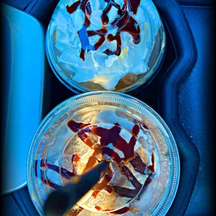 Large &amp; extra large Monkey Mocha Frappe. And the customer service continues to hit on all notes. Thanks, mustacheoed man!