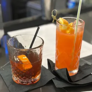 a drink and a beverage on a table